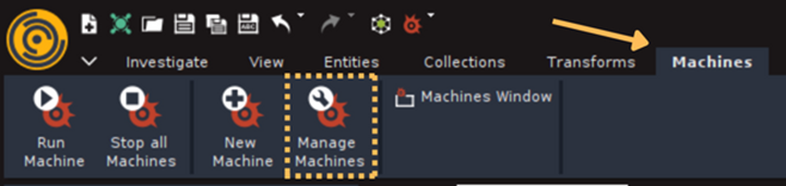 Select Manage Machines under the Machines tab in Maltego