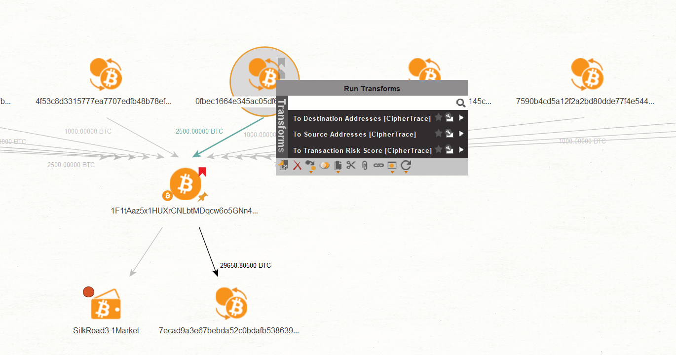 Run the &ldquo;To Source Addresses [CipherTrace]&rdquo; Transform on the Bitcoin Transaction Entity