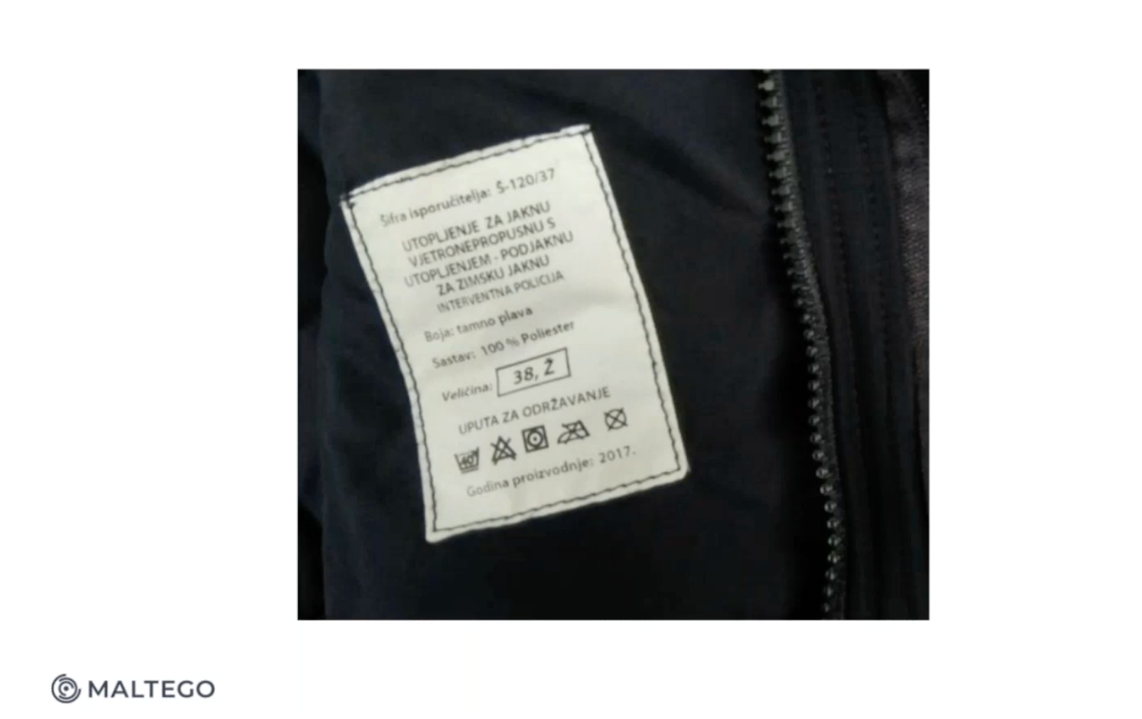 A tag in the jacket&rsquo;s interior with “INTERVENTNA POLICIJA” written on it