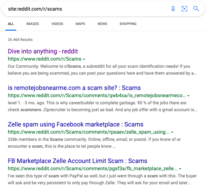 Ask browser to return results only for the r/Scams subreddit