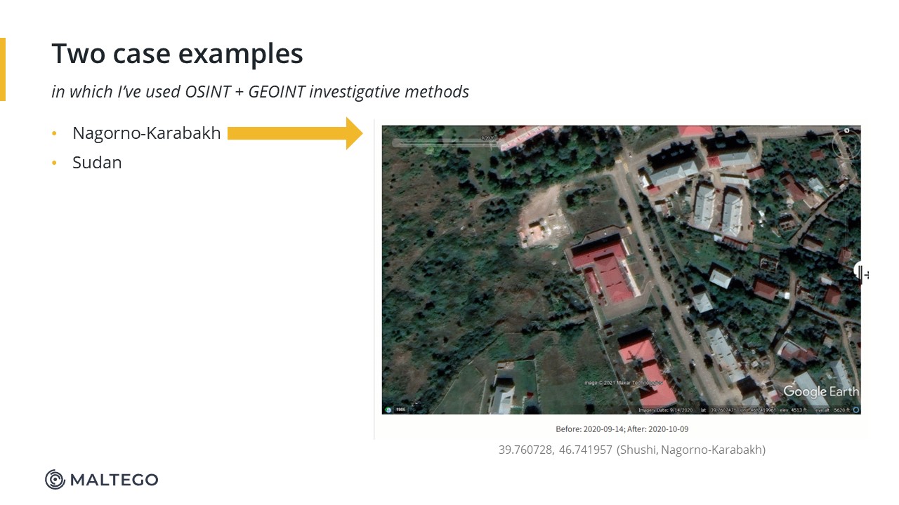 Two case examples Brian has used OSINT + GEOINT investigative methods